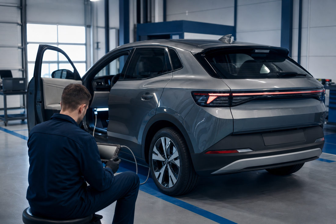 Technician using a diagnostic tablet beside a grey electric SUV in a blue-lit workshop.