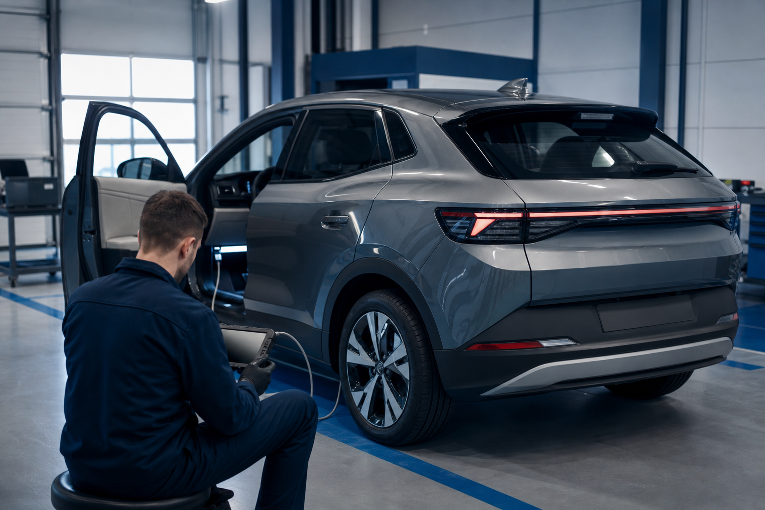 Technician using a diagnostic tablet beside a grey electric SUV in a blue-lit workshop.
