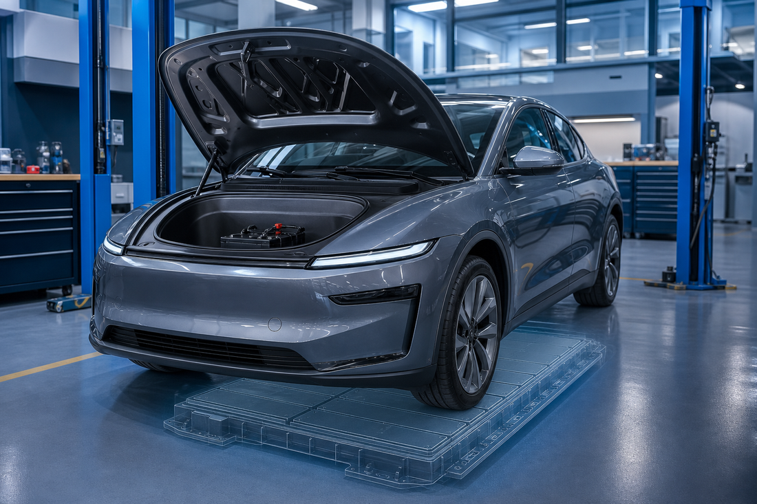 Electric vehicle in a professional workshop with a visible auxiliary battery and a conceptual traction battery beneath the vehicle