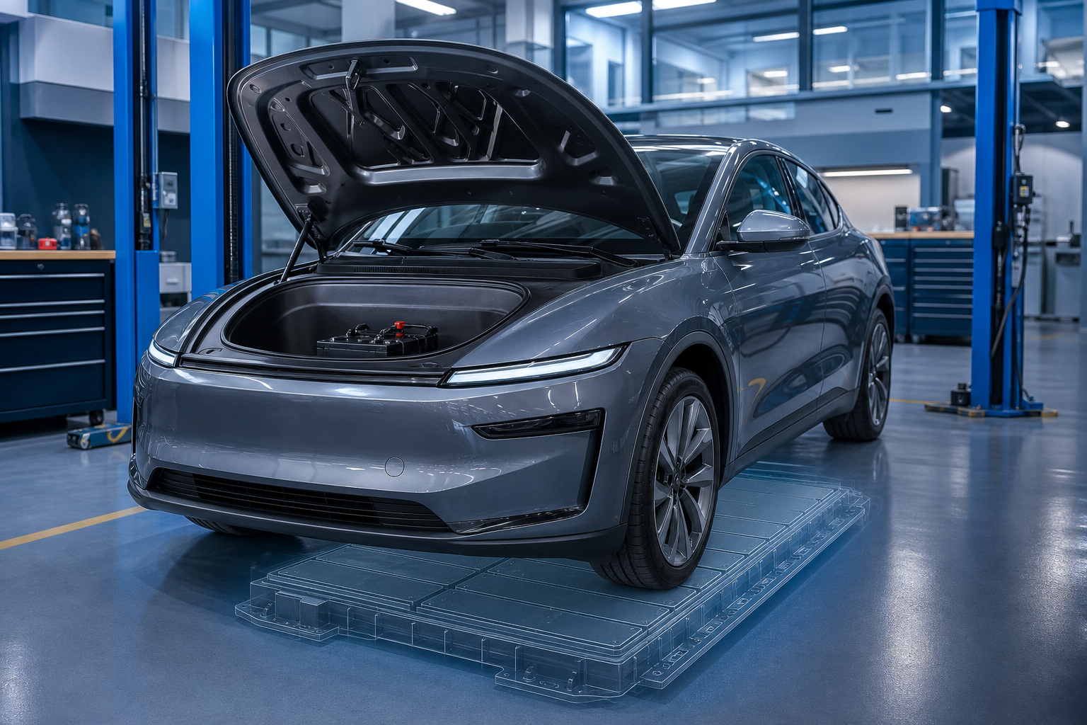 Electric vehicle in a professional workshop with a visible auxiliary battery and a conceptual traction battery beneath the vehicle