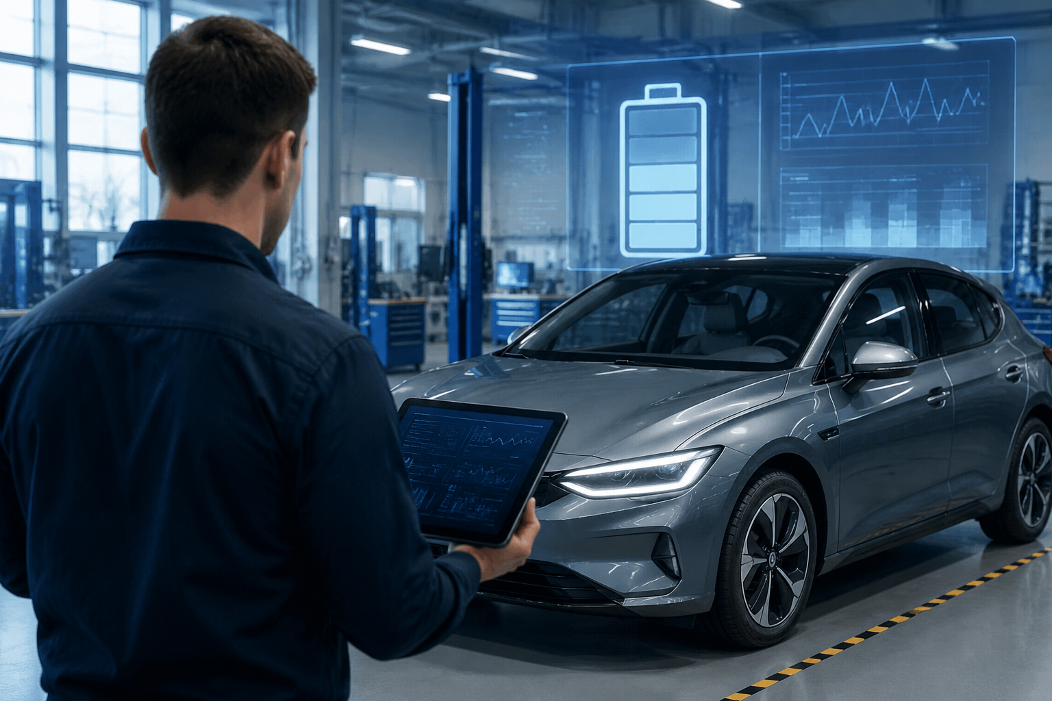 Electric car in a professional workshop with a technician reviewing abstract battery data on a tablet