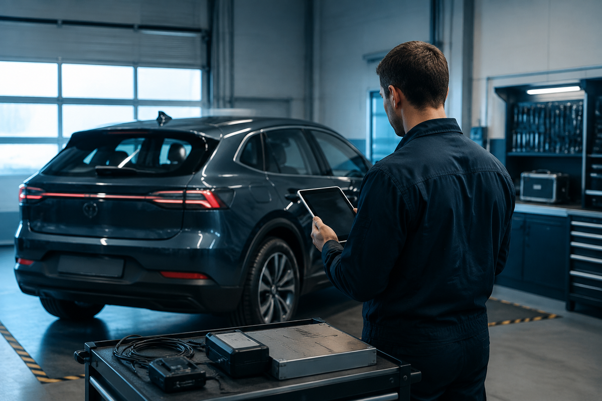 Electric vehicle in a professional workshop while a technician reviews battery data on a tablet
