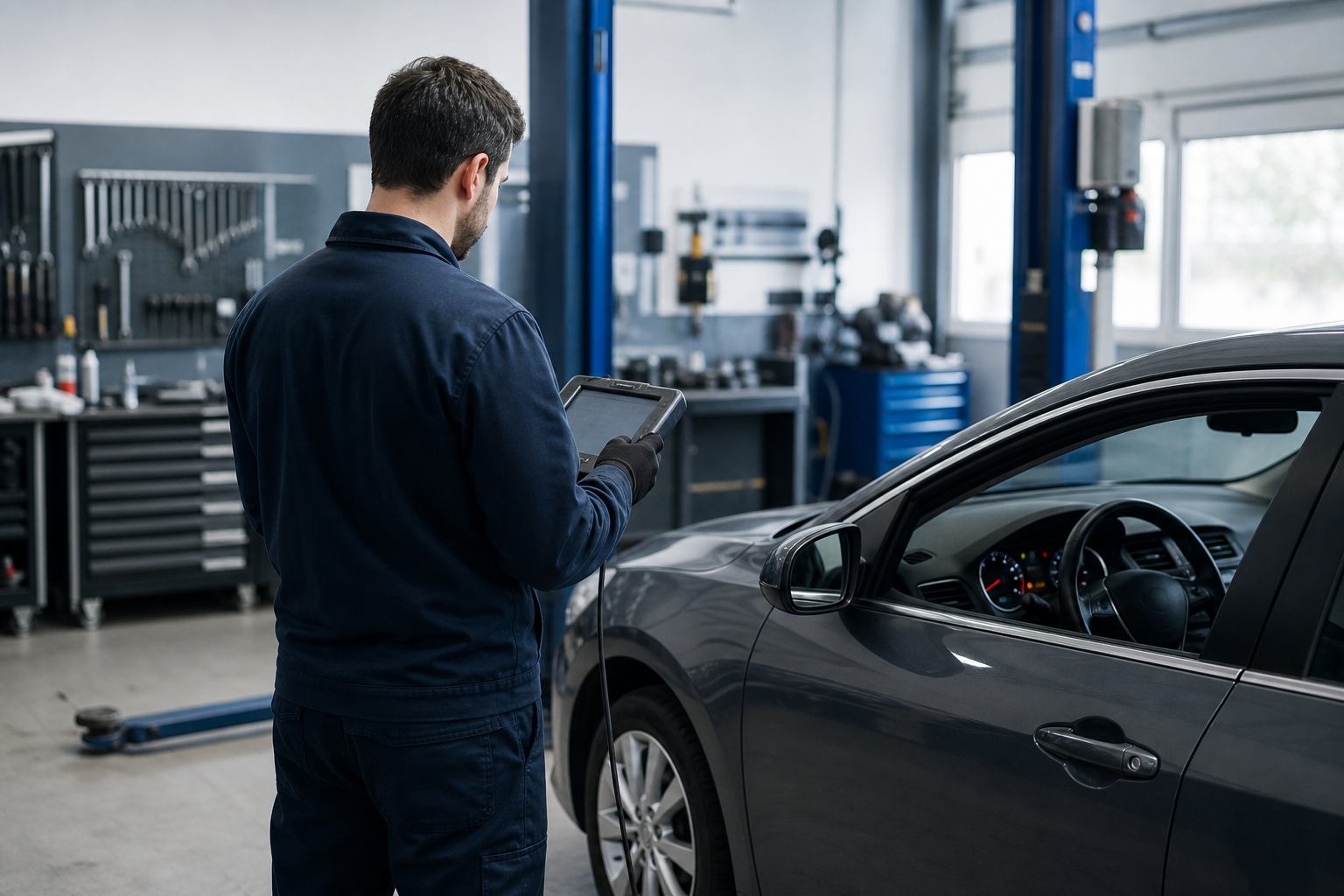 Technician using a handheld diagnostic scanner beside a car in a clean workshop