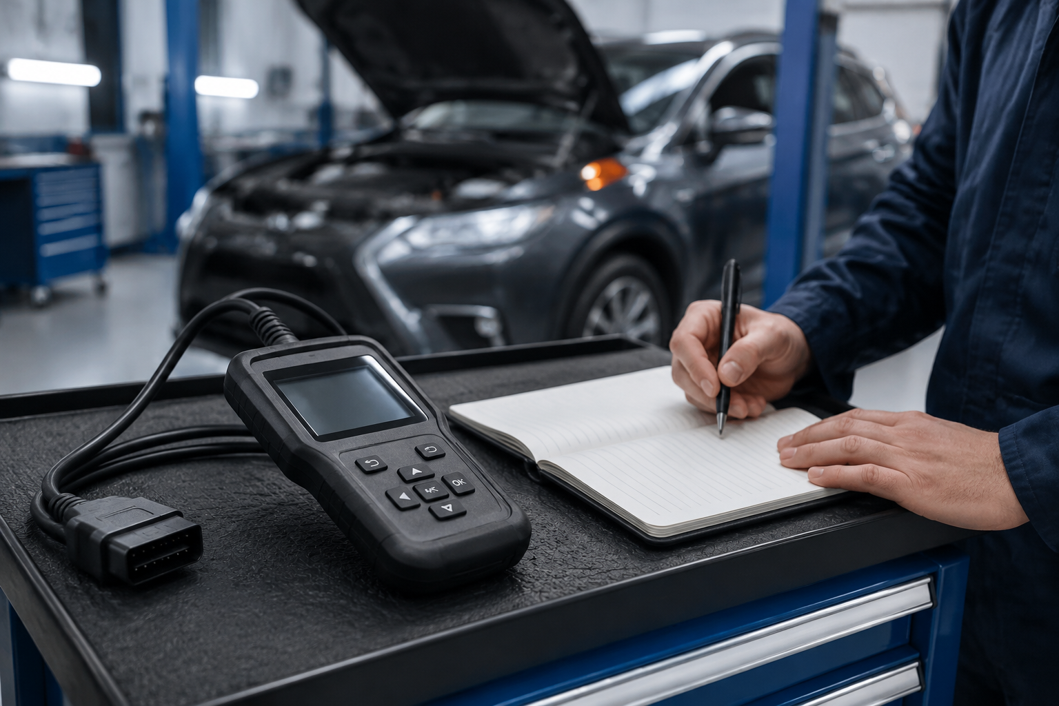 Technician recording a vehicle scan beside a diagnostic scanner in a clean workshop