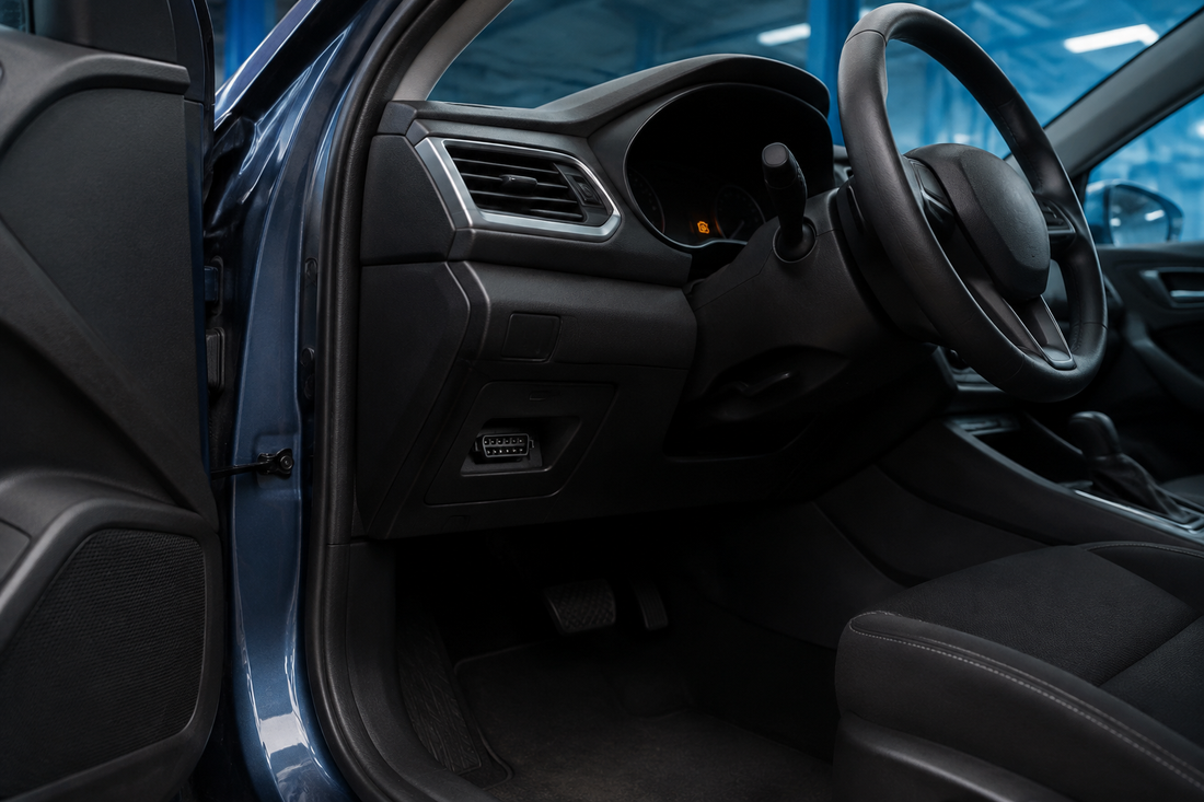 Open driver door view of a modern car dashboard and exposed OBD2 port in blue workshop light