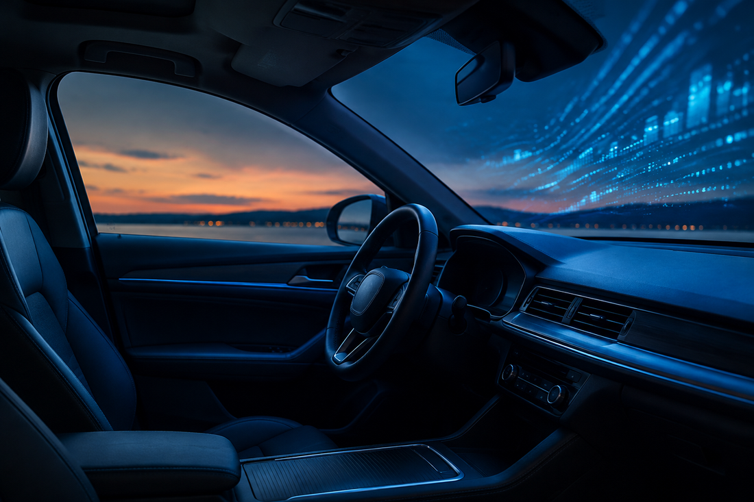 Empty modern car interior at dusk with abstract blue data light across the windscreen