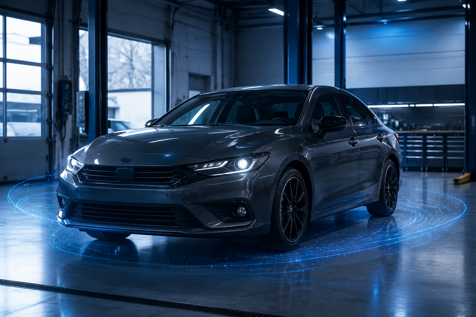 Unbranded modern car in a clean blue-lit workshop with subtle abstract blue data light around it.