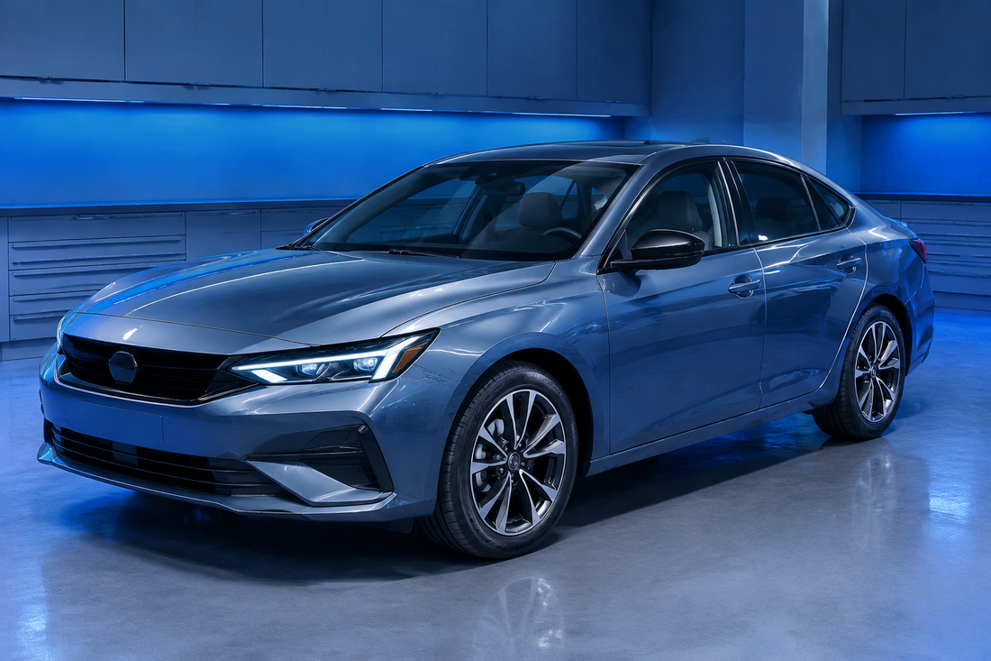 Unbranded modern car in a blue-lit workshop illustrating battery registration after replacement