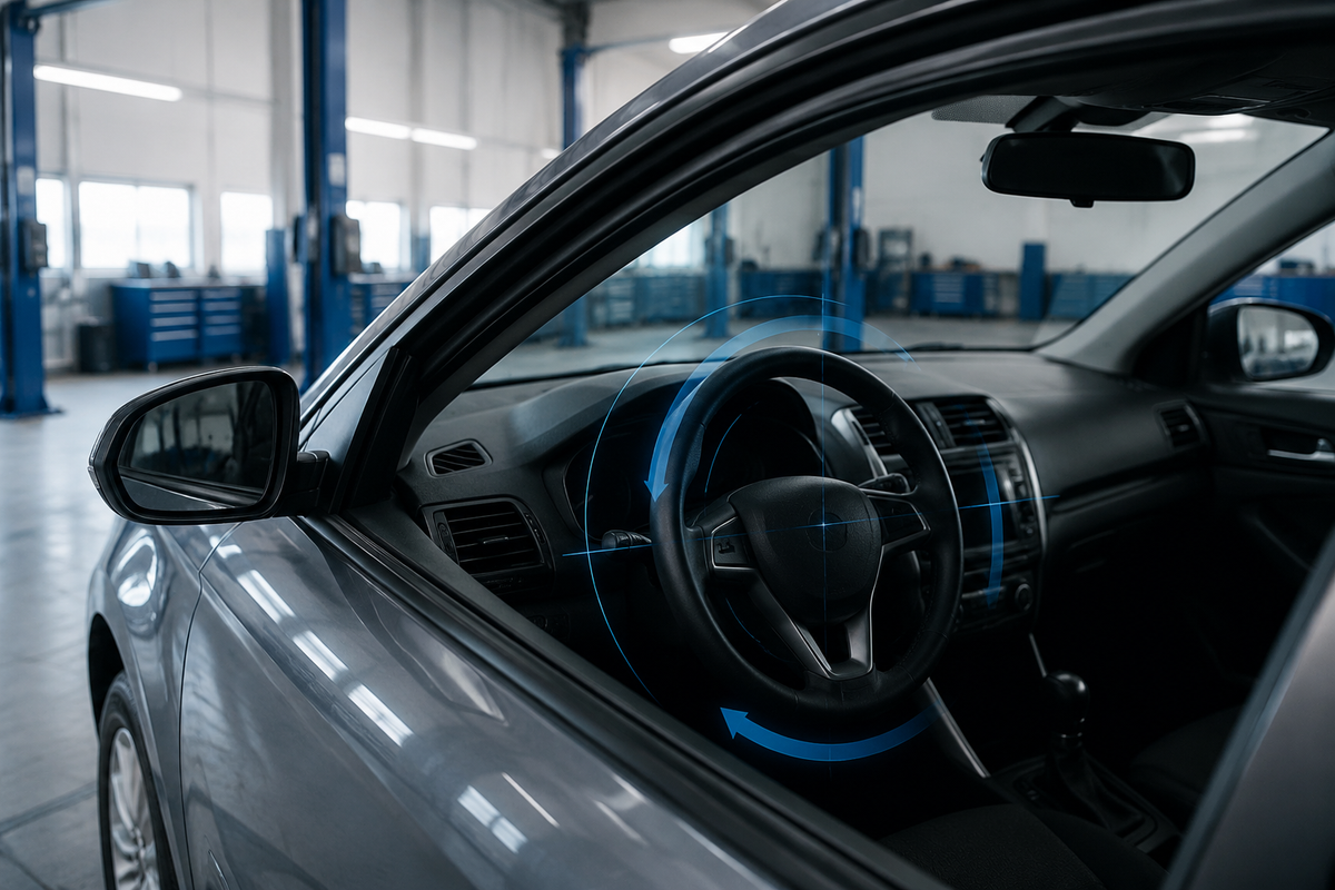 Steering wheel in a modern workshop with blue calibration arcs illustrating a steering angle sensor reset