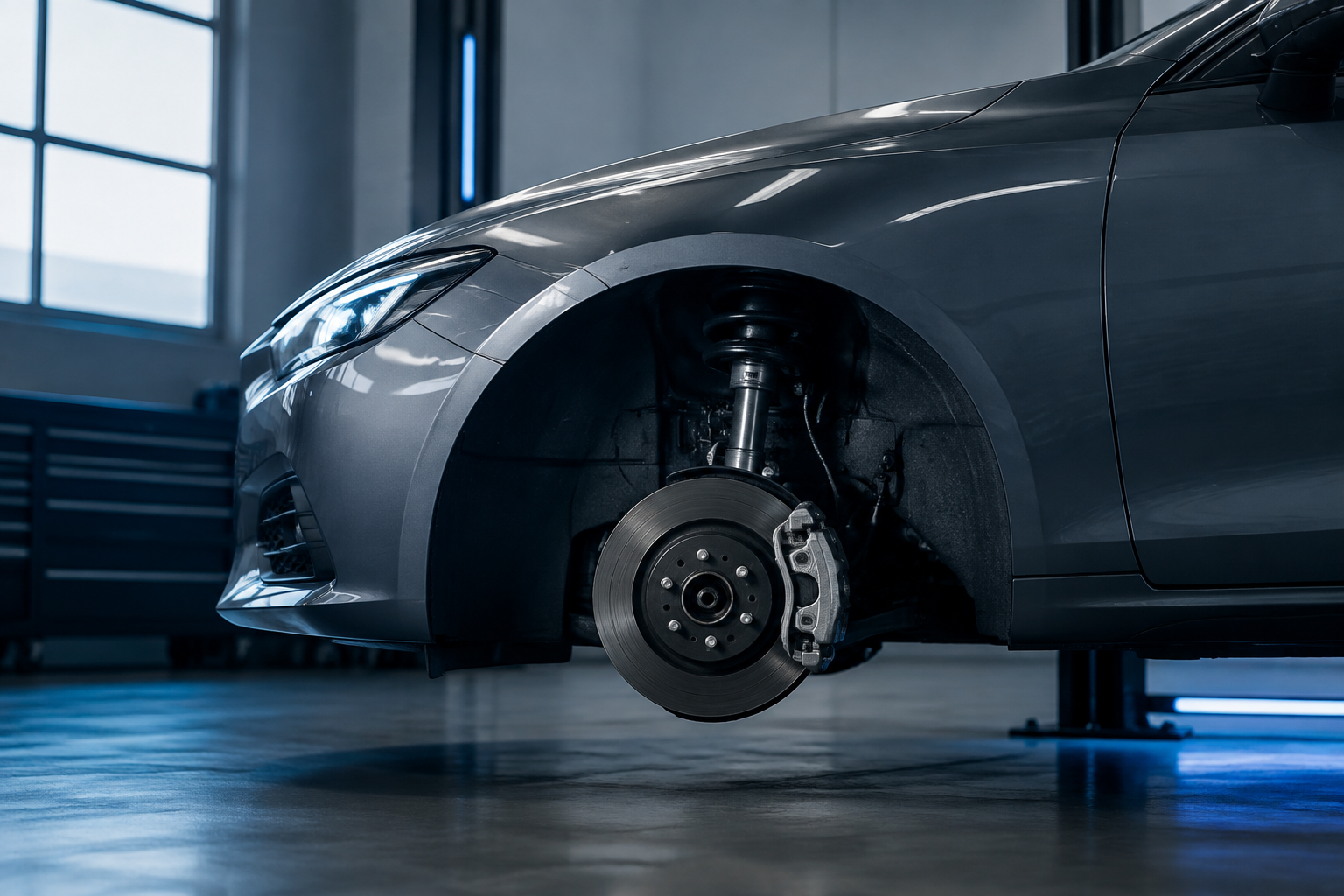 Unbranded car with exposed brake disc and calliper in a blue-lit professional workshop