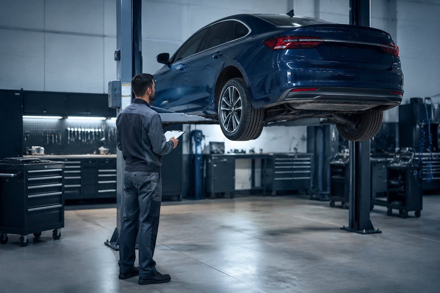 A technician comparing diagnostic information beside a modern car in a professional workshop.
