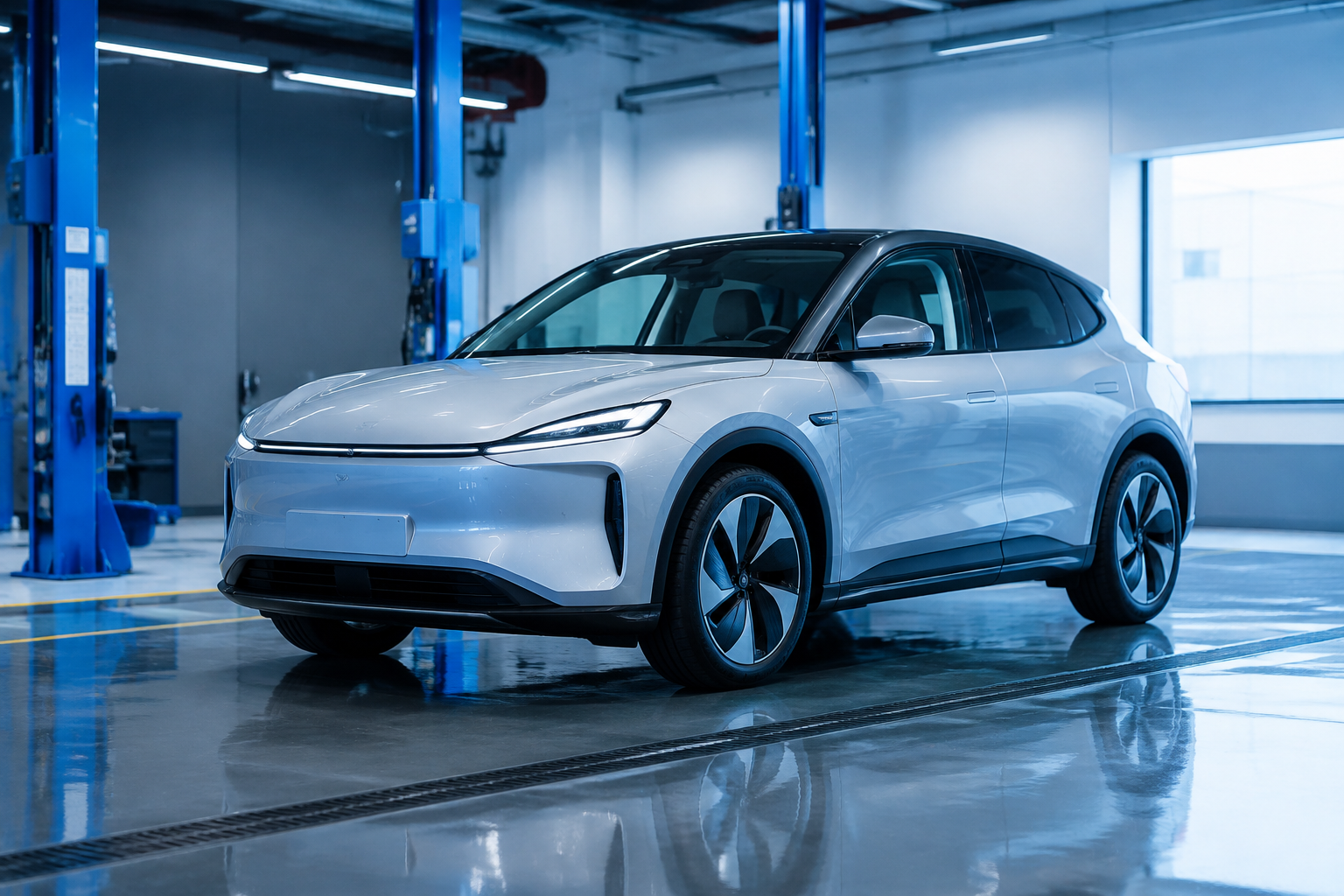 An unbranded electric car in a bright blue-lit service bay, representing careful EV battery data checks.
