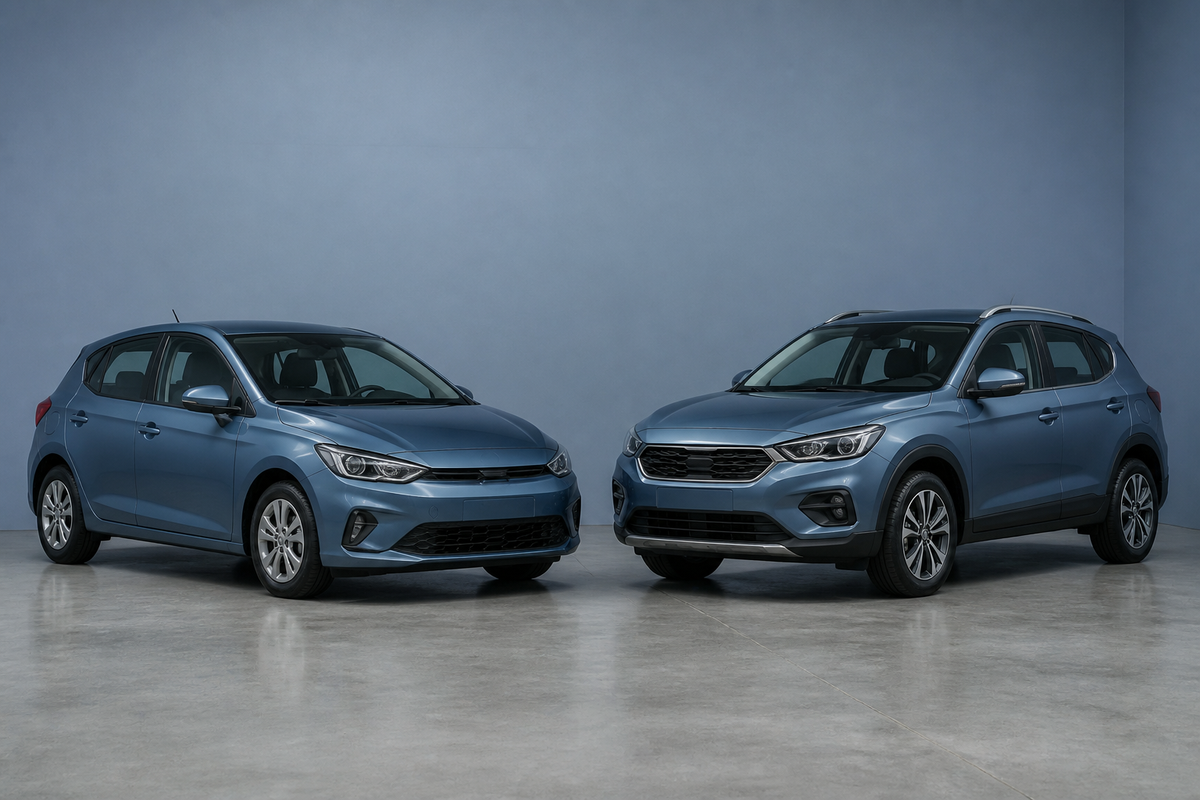Two unbranded blue passenger vehicles in a plain studio, representing a vehicle-specific diagnostic tool comparison.