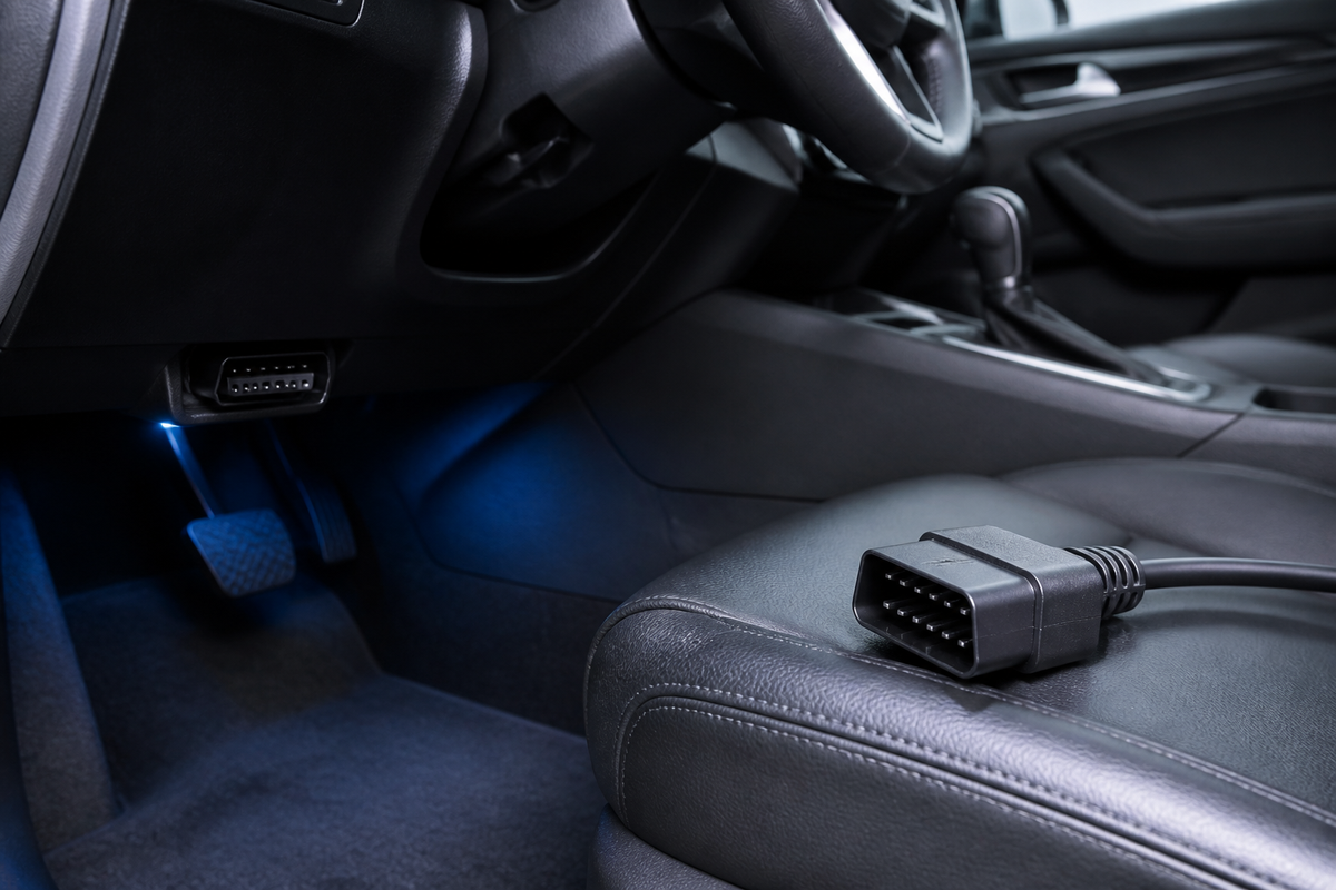 An unbranded OBD2 connector beside a modern passenger car interior with soft blue lighting, representing diagnostic fault-code and freeze-frame context.