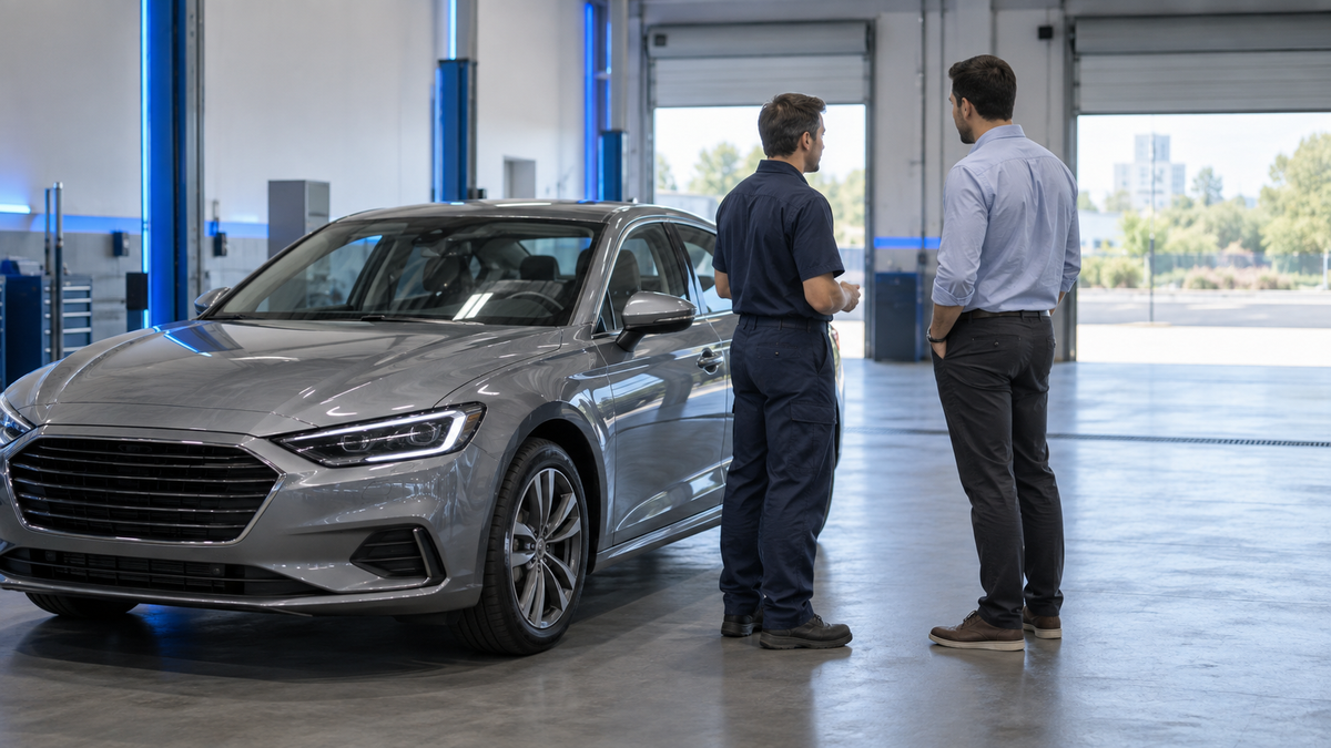 Technician and service adviser discussing beside a customer car in a modern blue-lit workshop.