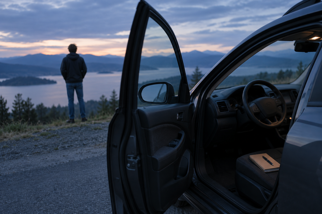 Car parked safely at dusk with a driver's notebook on the seat, showing how warning light details are recorded.