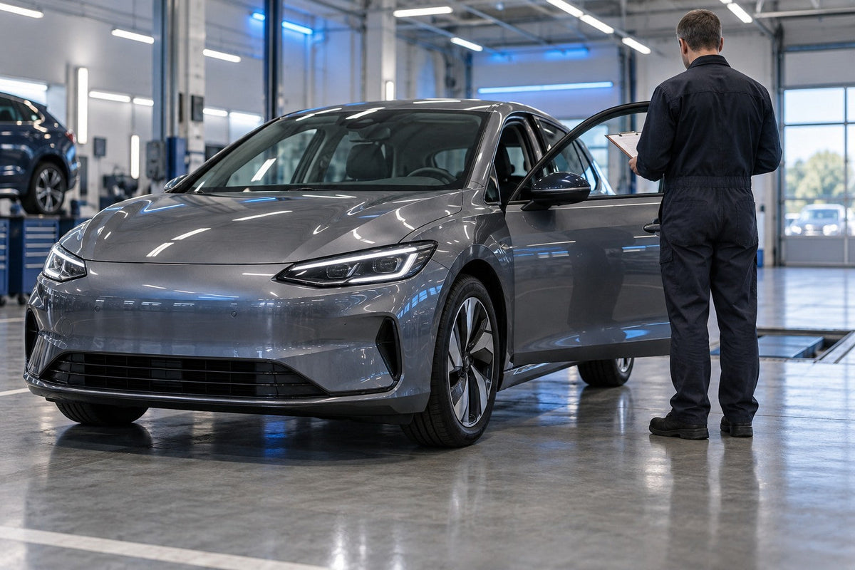 Used electric car in a bright inspection bay while a technician records battery data on a clipboard