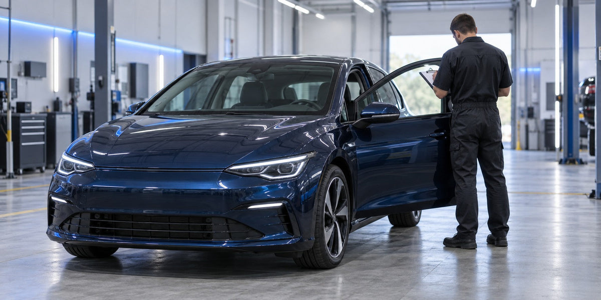Used electric car in a bright inspection bay while a technician records notes on a clipboard