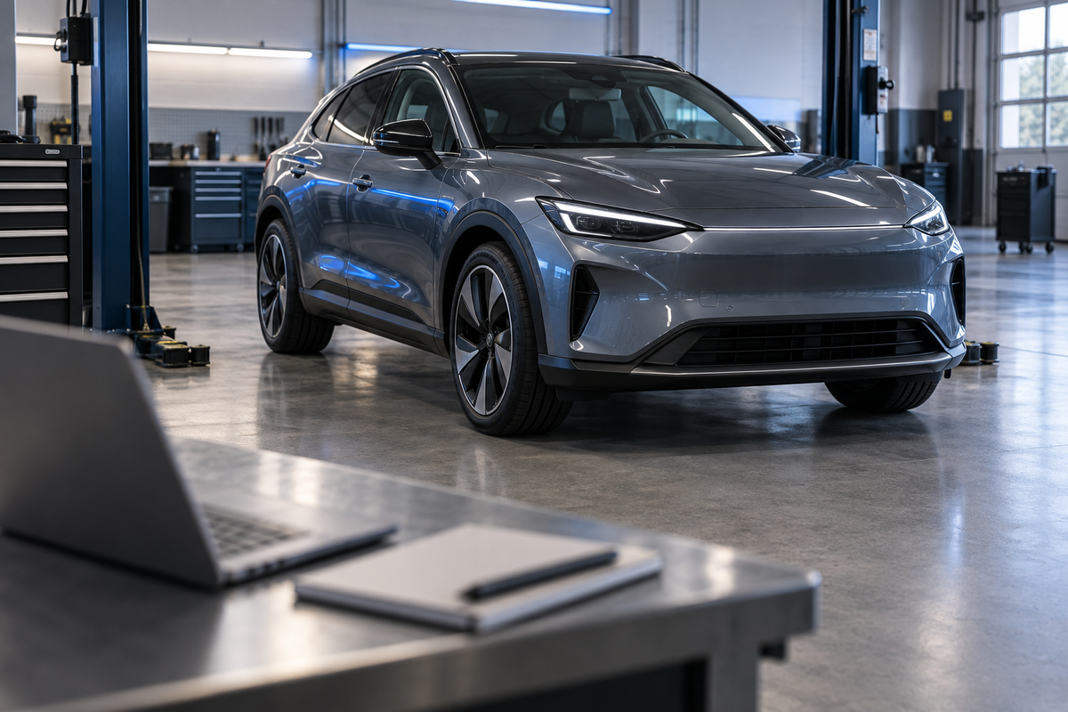 Electric car parked in a service bay with a laptop on a workbench showing a list of dated session notes