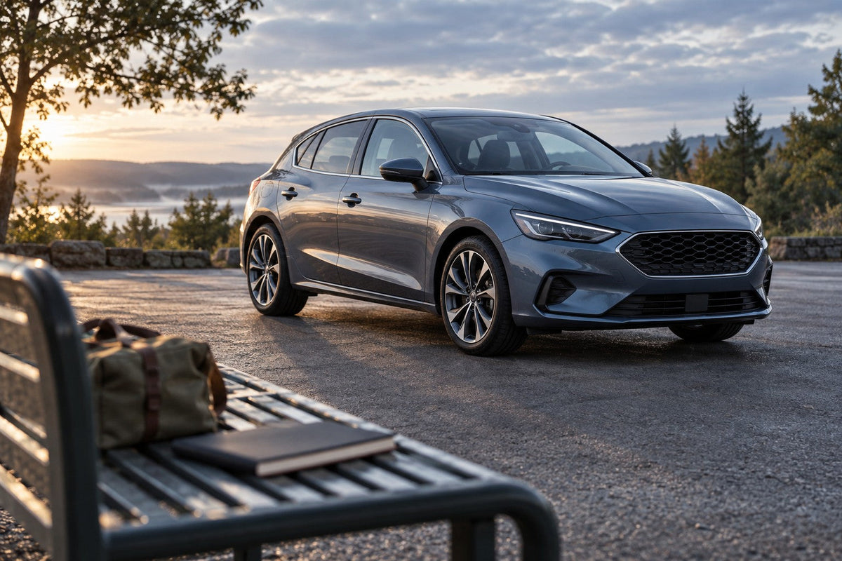 Car parked on a forecourt in the early morning beside a closed notebook and a canvas bag