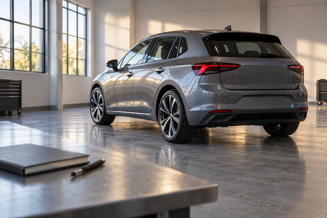 Car parked in an empty workshop bay beside a closed notebook and a pen