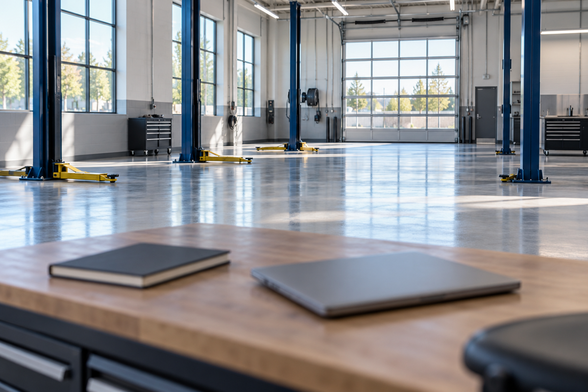 A closed notebook and a laptop on a workshop bench in an empty service bay