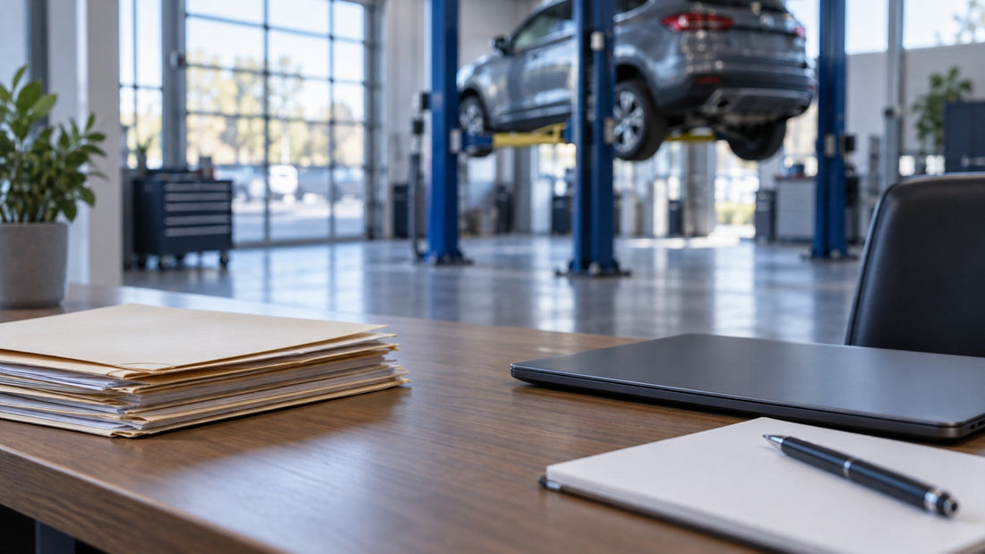 A wooden workshop desk with plain folders and a closed laptop, a car on a lift in the background