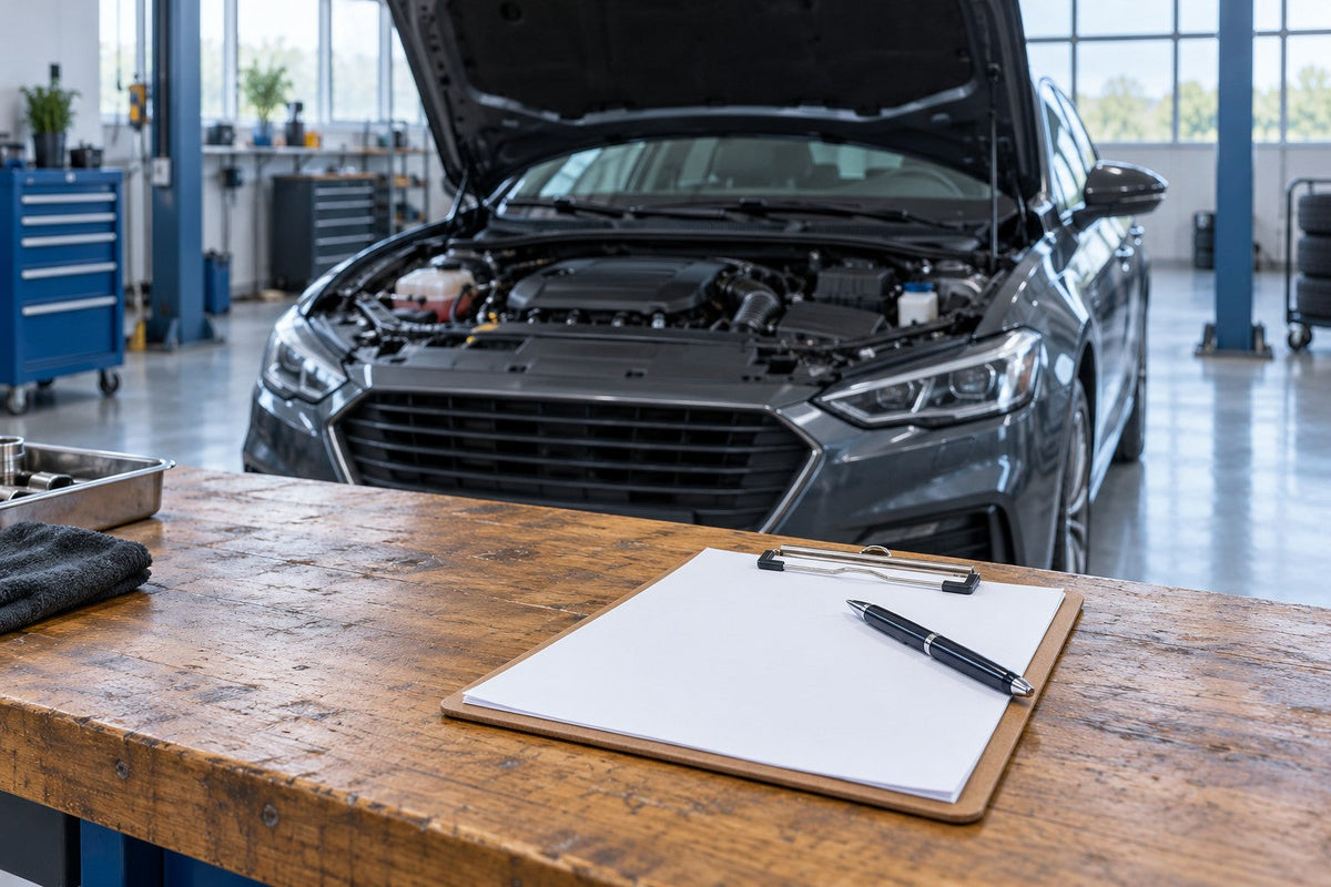 A blank clipboard and pen on a workshop bench with a car and its bonnet open in the background