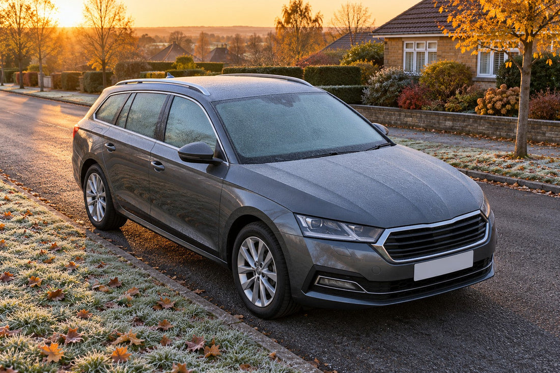 A grey estate car parked on a quiet suburban street on a frosty early morning
