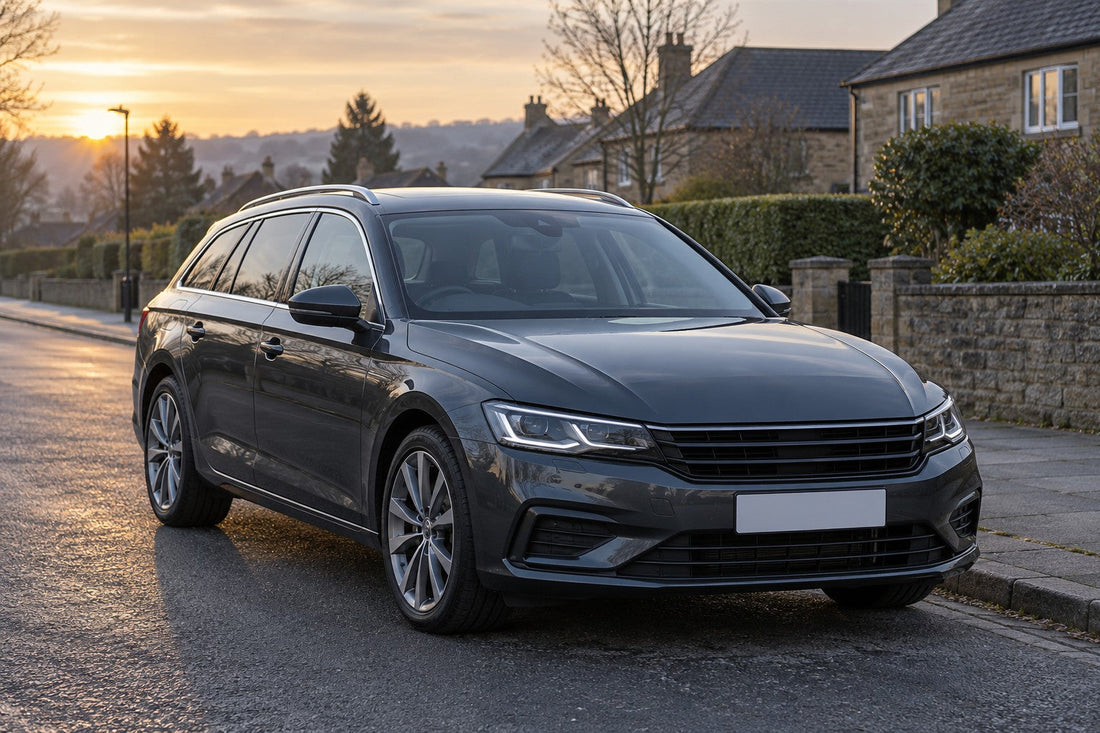 A dark grey estate car parked safely on a quiet residential street at dawn