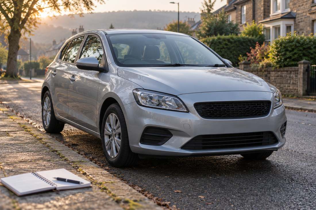 A hatchback parked on a quiet morning street with a notebook and pen on the kerb, recording symptoms and sensor readings side by side