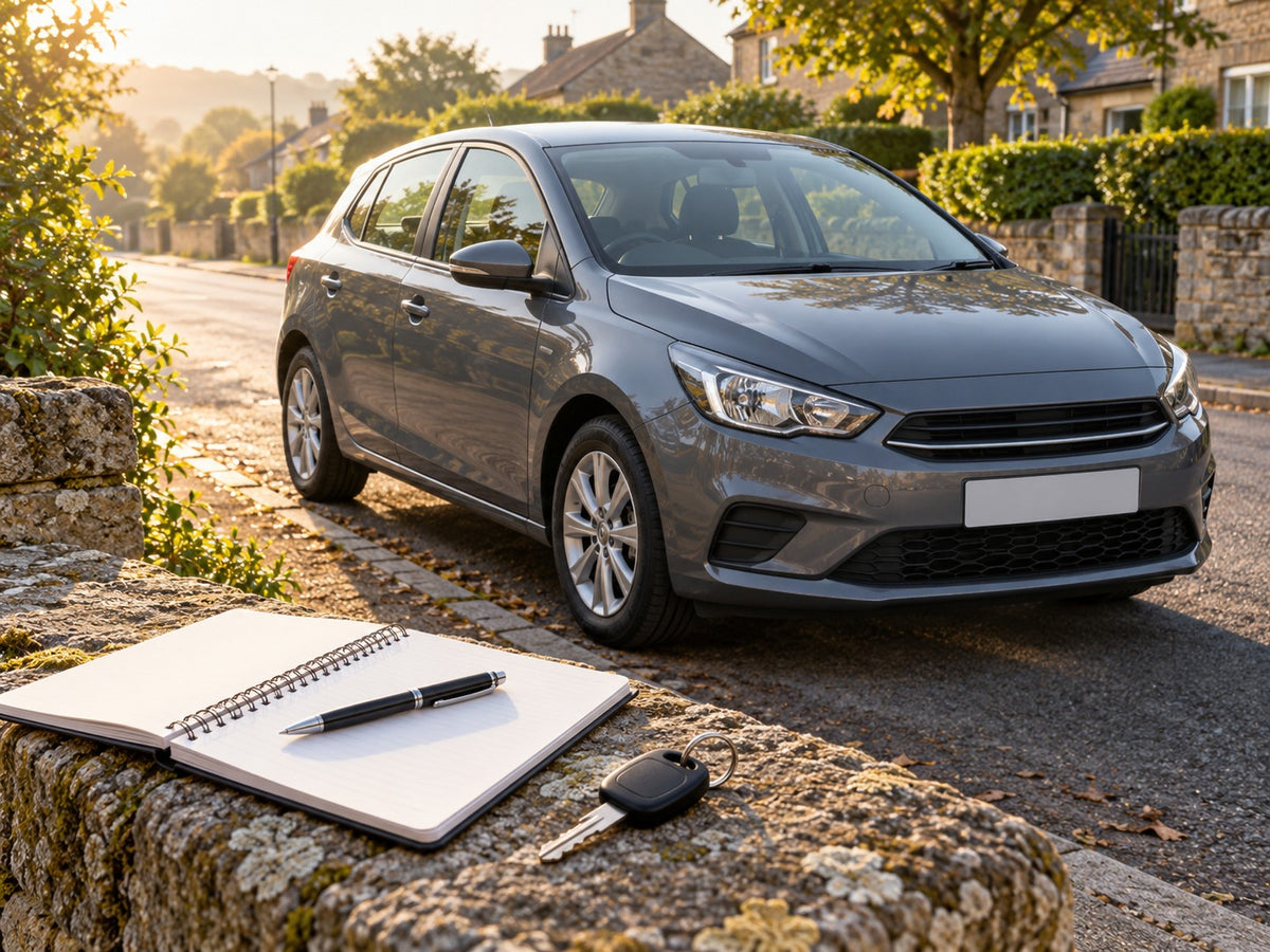 Owner's notebook and car keys on a table beside a parked car, ready for a workshop visit