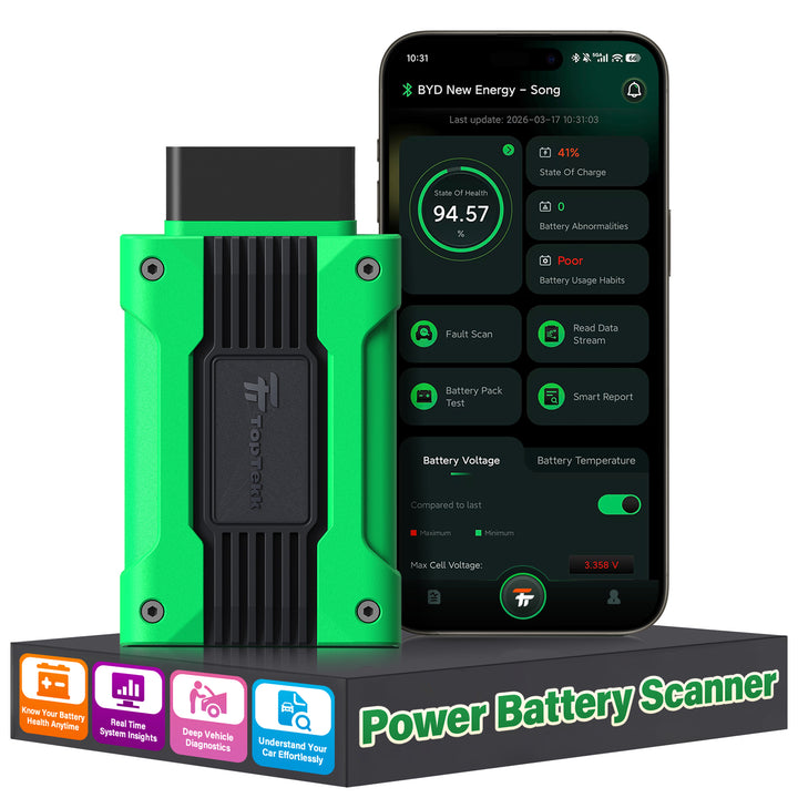 TopTekk power battery scanner showing BYD EV battery health data