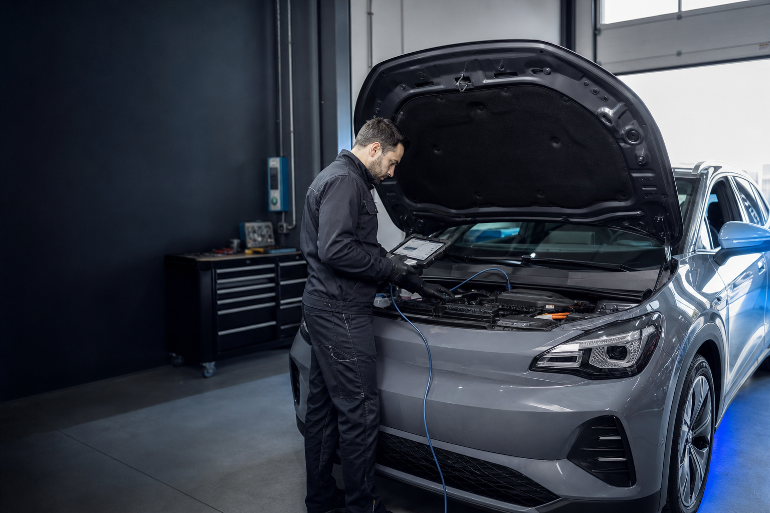Technician performing vehicle diagnostics in a professional workshop